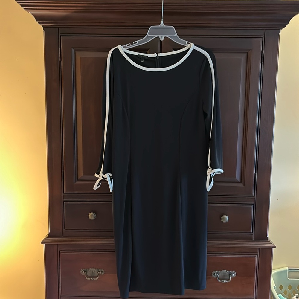 Talbots L black dress with cream pipping and tie at wrists